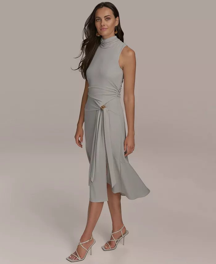 Donna Karan New York Women's Sleeveless Side-Tie Jersey Midi Dress Women's Fashion Shoes & Accessories
