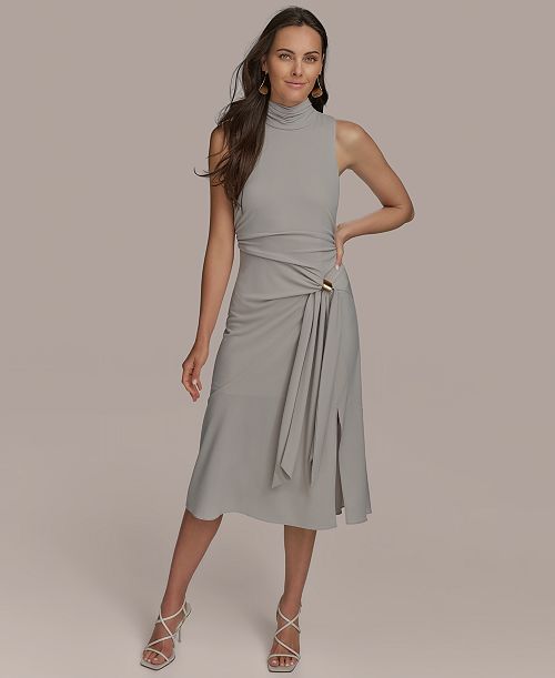 Donna Karan New York Women's Sleeveless Side-Tie Jersey Midi Dress Women's Fashion Shoes & Accessories