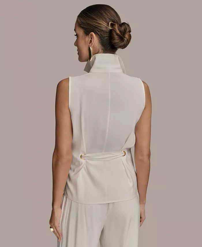 Donna Karan New York Women's Sleeveless Tie-Front Collared Shirt Women's Fashion Shoes & Accessories