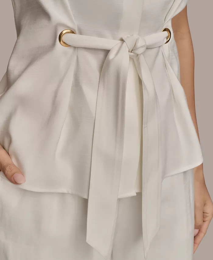 Donna Karan New York Women's Sleeveless Tie-Front Collared Shirt Women's Fashion Shoes & Accessories