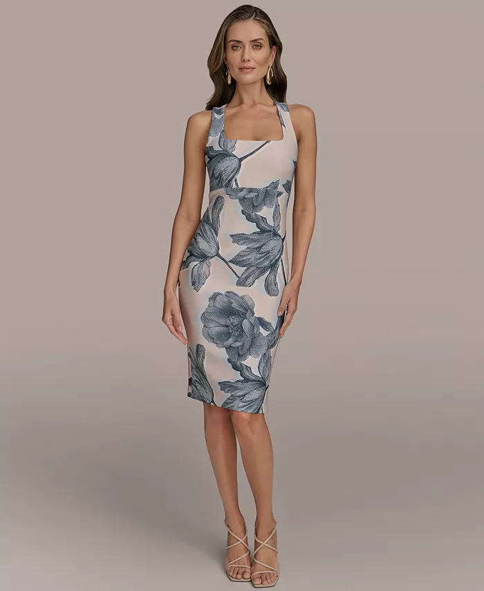 Donna Karan New York Women's Square-neck Cross-back Floral Print Dress Women's Fashion Shoes & Accessories