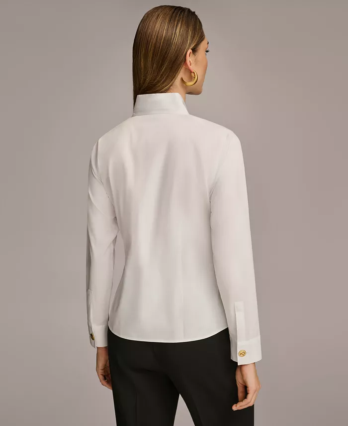Donna Karan New York Women's Stand Collar Button Front Cotton Shirt Women's Fashion Shoes & Accessories