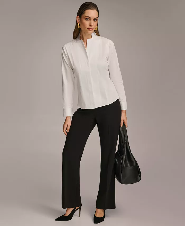 Donna Karan New York Women's Stand Collar Button Front Cotton Shirt Women's Fashion Shoes & Accessories
