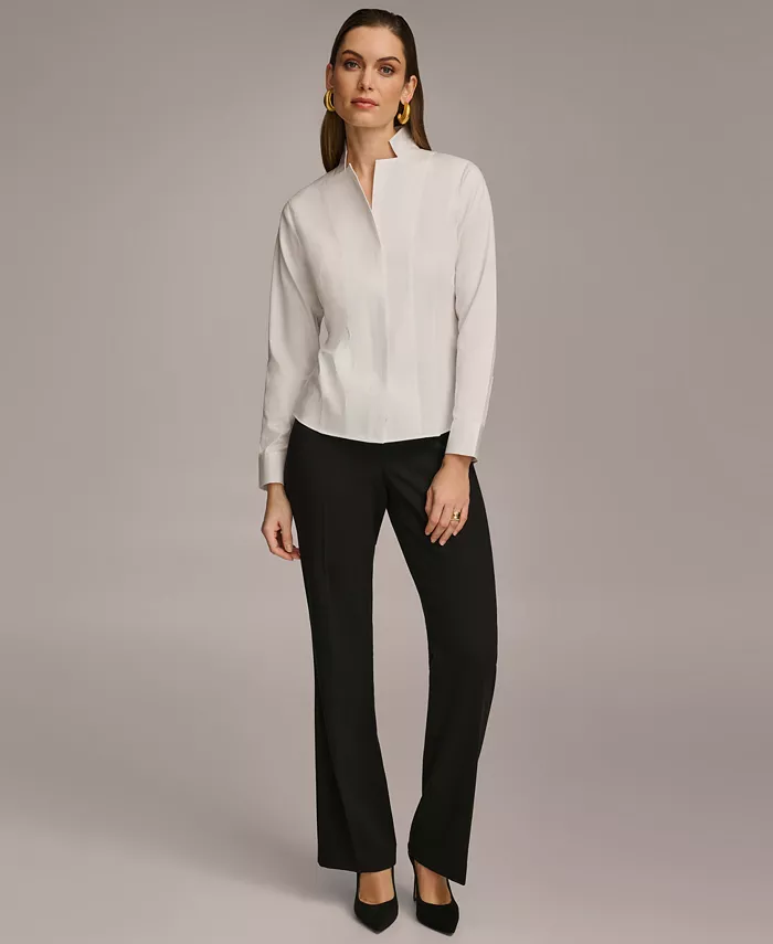 Donna Karan New York Women's Stand Collar Button Front Cotton Shirt Women's Fashion Shoes & Accessories