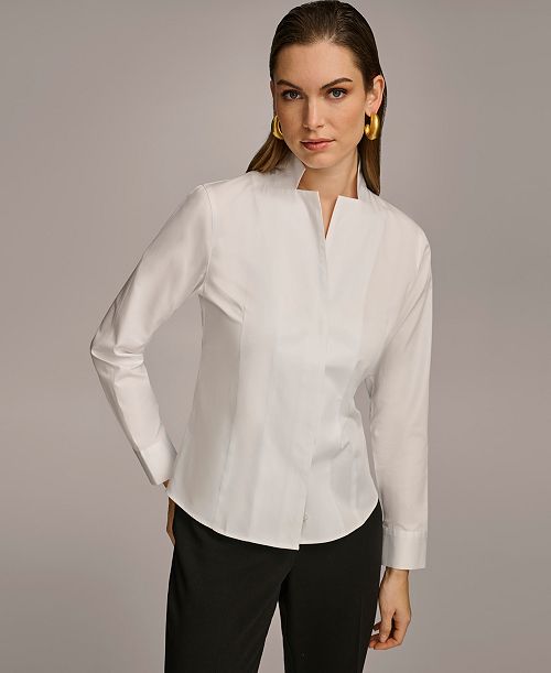 Donna Karan New York Women's Stand Collar Button Front Cotton Shirt Women's Fashion Shoes & Accessories