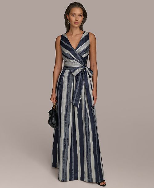 Donna Karan New York Women's Striped Belted Gown Women's Fashion Shoes & Accessories