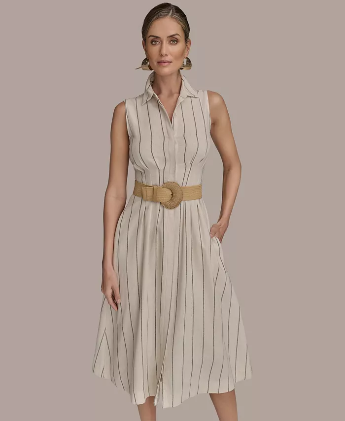 Donna Karan New York Women's Striped Belted Shirt Dress Women's Fashion Shoes & Accessories