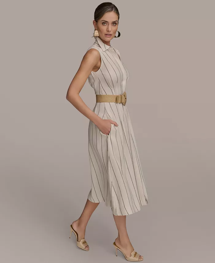 Donna Karan New York Women's Striped Belted Shirt Dress Women's Fashion Shoes & Accessories