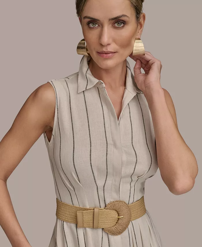 Donna Karan New York Women's Striped Belted Shirt Dress Women's Fashion Shoes & Accessories