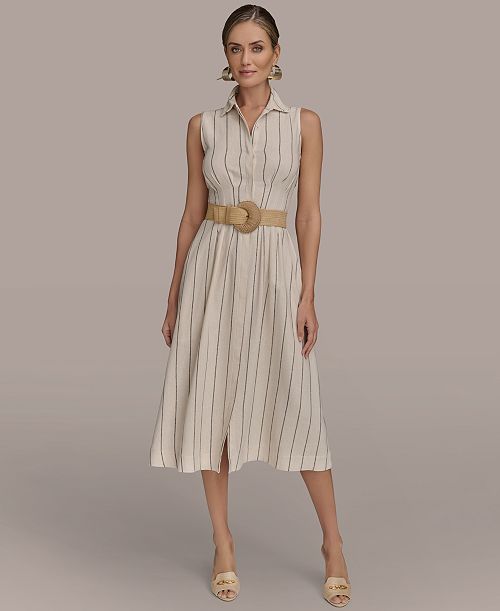 Donna Karan New York Women's Striped Belted Shirt Dress Women's Fashion Shoes & Accessories