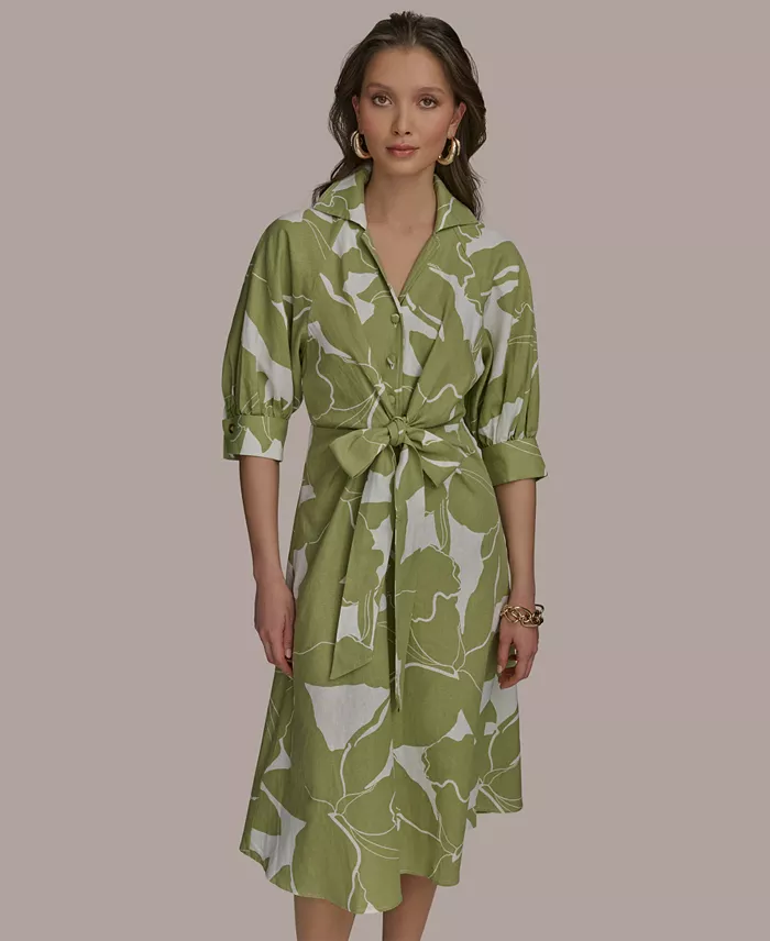 Donna Karan New York Women's Tie-Front Linen Midi Dress Women's Fashion Shoes & Accessories