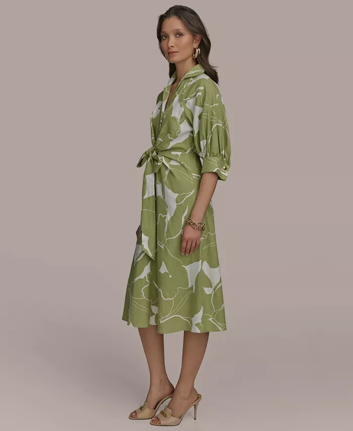 Donna Karan New York Women's Tie-Front Linen Midi Dress Women's Fashion Shoes & Accessories