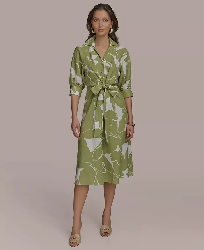 Donna Karan New York Women's Tie-Front Linen Midi Dress Women's Fashion Shoes & Accessories