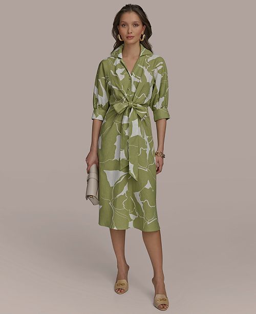 Donna Karan New York Women's Tie-Front Linen Midi Dress Women's Fashion Shoes & Accessories