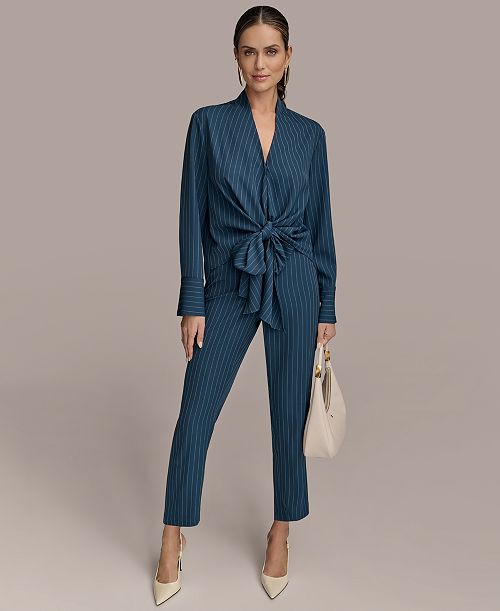 Donna Karan New York Women's Tie-Front Pinstripe Blouse & Pants Women's Fashion Shoes & Accessories