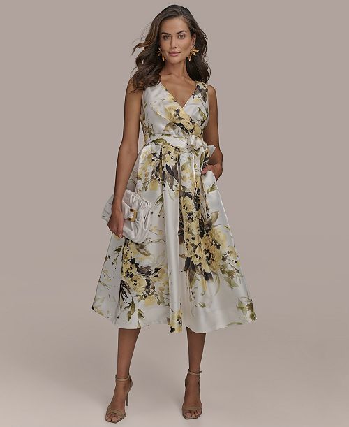 Donna Karan New York Women's V-Neck A-Line Midi Dress Women's Fashion Shoes & Accessories