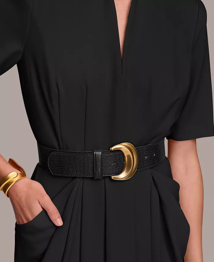 Donna Karan New York Women's V-Neck Belted Short-Sleeve Midi Dress Women's Fashion Shoes & Accessories