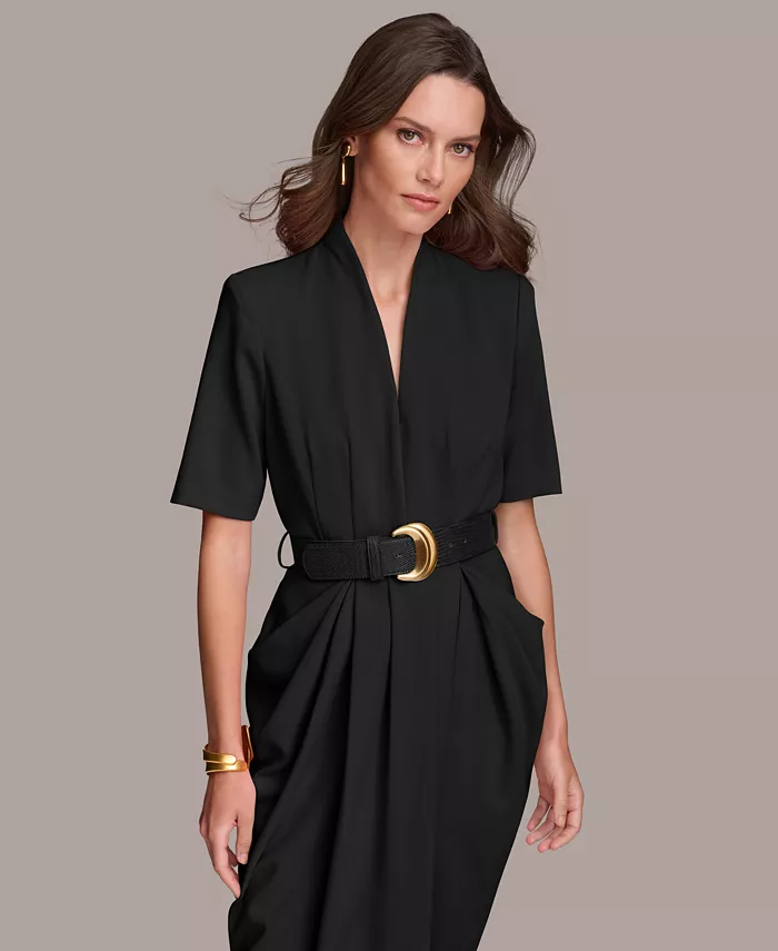 Donna Karan New York Women's V-Neck Belted Short-Sleeve Midi Dress Women's Fashion Shoes & Accessories