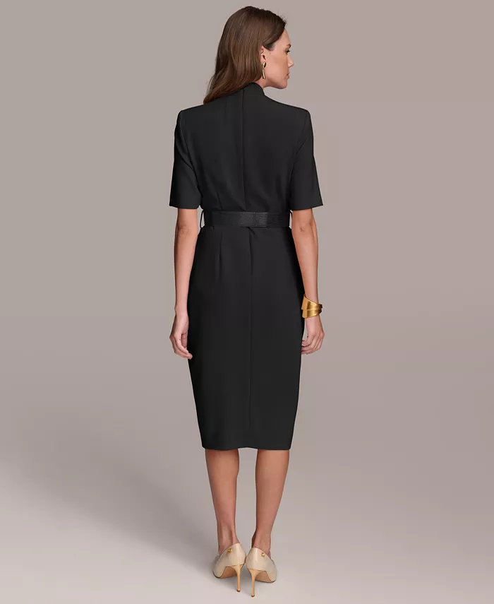 Donna Karan New York Women's V-Neck Belted Short-Sleeve Midi Dress Women's Fashion Shoes & Accessories