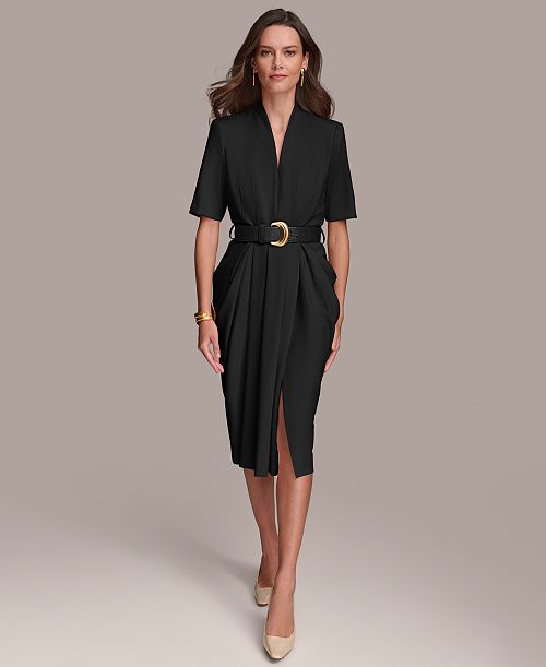 Donna Karan New York Women's V-Neck Belted Short-Sleeve Midi Dress Women's Fashion Shoes & Accessories