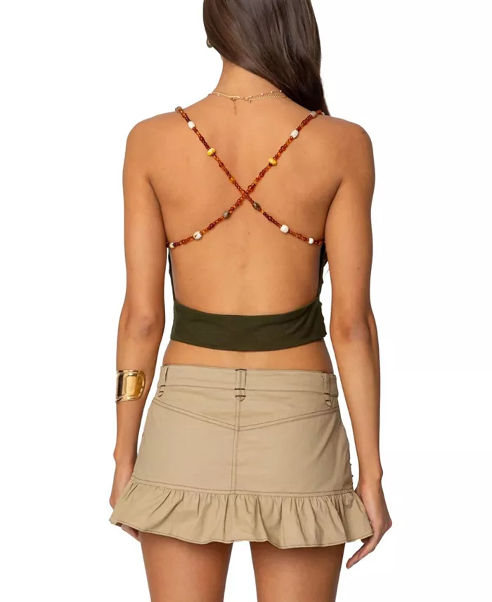 Edikted Women's Beaded Deep Cowl Neck Backless Top Women's Fashion Shoes & Accessories