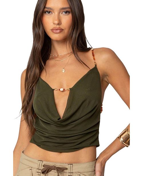 Edikted Women's Beaded Deep Cowl Neck Backless Top Women's Fashion Shoes & Accessories