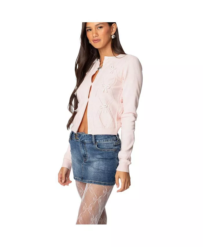 Edikted Women's Contrast Bow Knit Cardigan Women's Fashion Shoes & Accessories