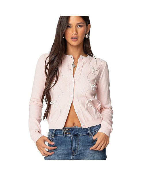 Edikted Women's Contrast Bow Knit Cardigan Women's Fashion Shoes & Accessories