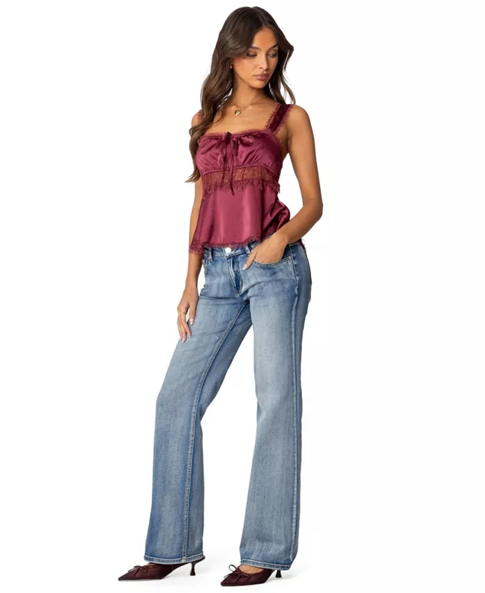 Edikted Women's Loryn Lacey Satin Effect Top Women's Fashion Shoes & Accessories