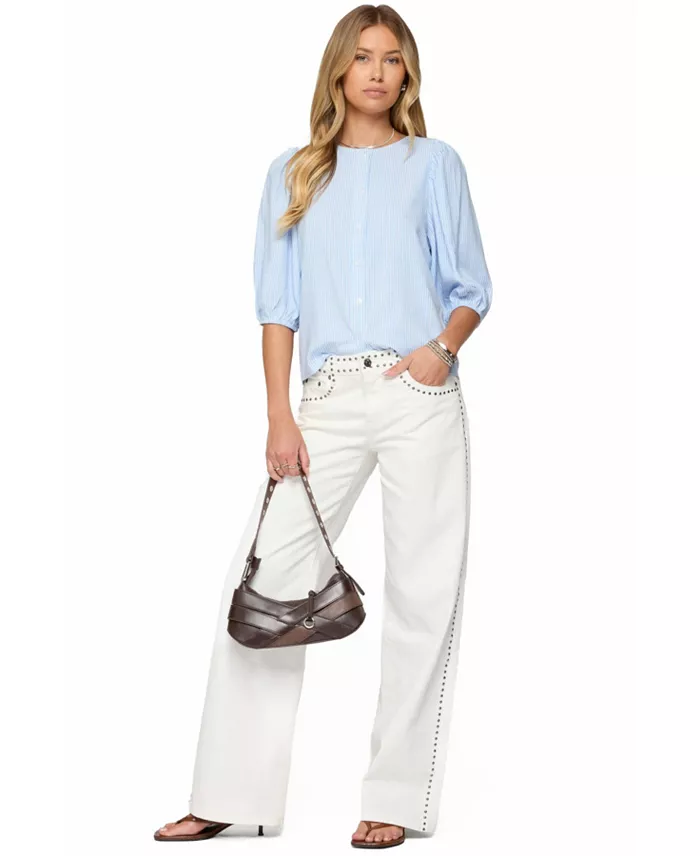 Edikted Women's Pinstripe Linen Look Button Up Shirt Women's Fashion Shoes & Accessories