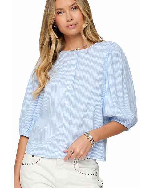 Edikted Women's Pinstripe Linen Look Button Up Shirt Women's Fashion Shoes & Accessories