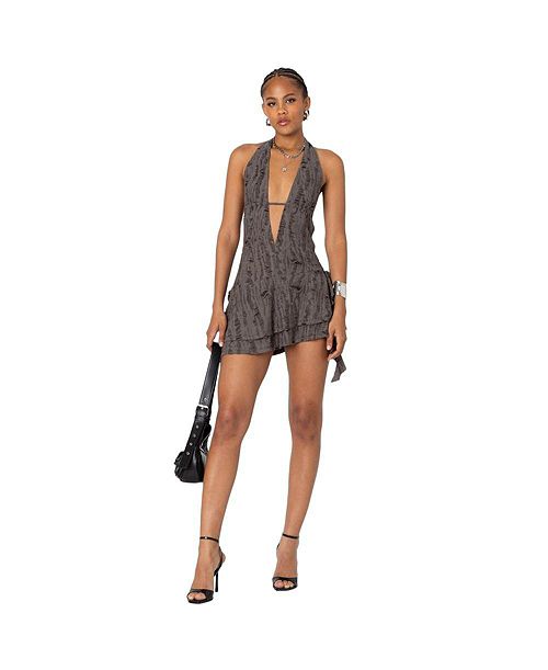 Edikted Women's Shredded Backless Halter Mini Dress Women's Fashion Shoes & Accessories