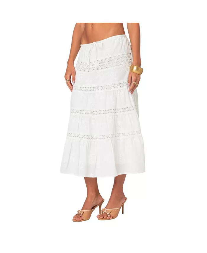 Edikted Women's Tiered Cotton Lace Midi Skirt Women's Fashion Shoes & Accessories