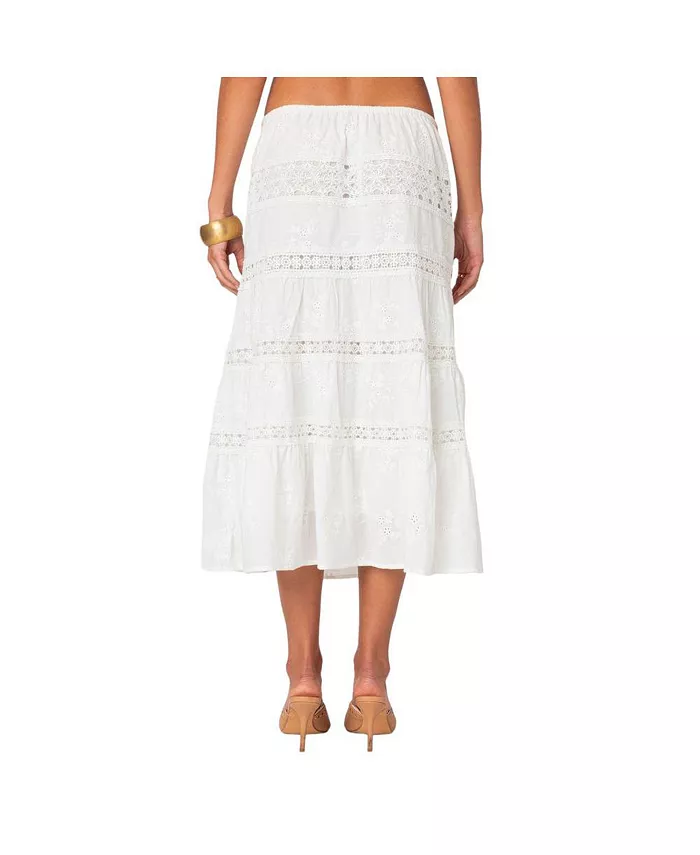 Edikted Women's Tiered Cotton Lace Midi Skirt Women's Fashion Shoes & Accessories