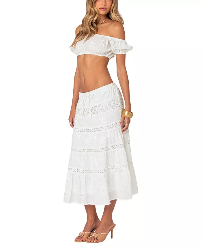 Edikted Women's Tiered Cotton Lace Midi Skirt Women's Fashion Shoes & Accessories