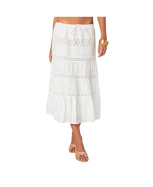Edikted Women's Tiered Cotton Lace Midi Skirt Women's Fashion Shoes & Accessories