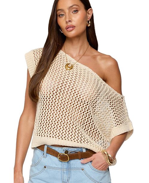 Edikted Women's Trix Off Shoulder Open Knit Top Women's Fashion Shoes & Accessories