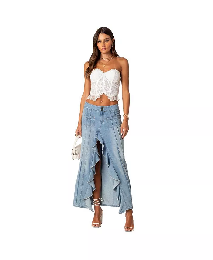 Edikted Women's Valencia Ruffle Slitted Denim Maxi Skirt Women's Fashion Shoes & Accessories