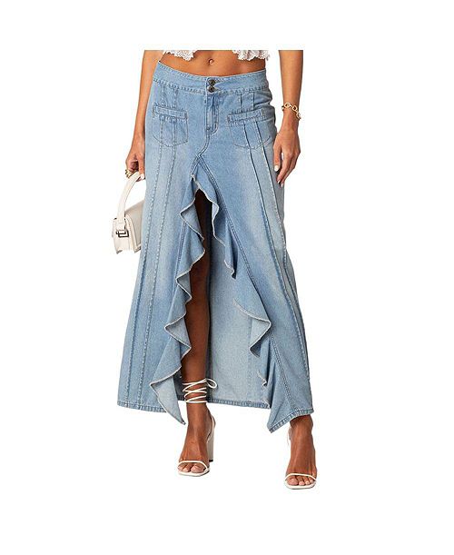 Edikted Women's Valencia Ruffle Slitted Denim Maxi Skirt Women's Fashion Shoes & Accessories