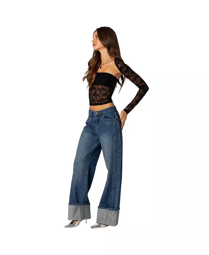 Edikted Women's Vesper Cuffed Low Rise Jeans Women's Fashion Shoes & Accessories