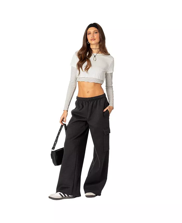 Edikted Women's Wide Leg Cargo Sweatpants Women's Fashion Shoes & Accessories