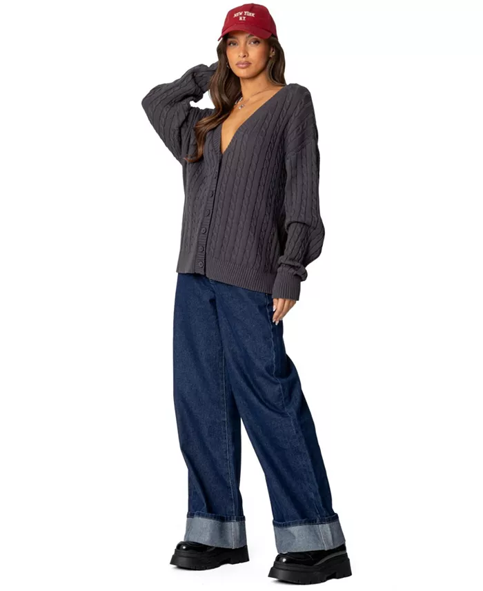 Edikted Womens Francine Oversized V Neck Cardigan Women's Fashion Shoes & Accessories