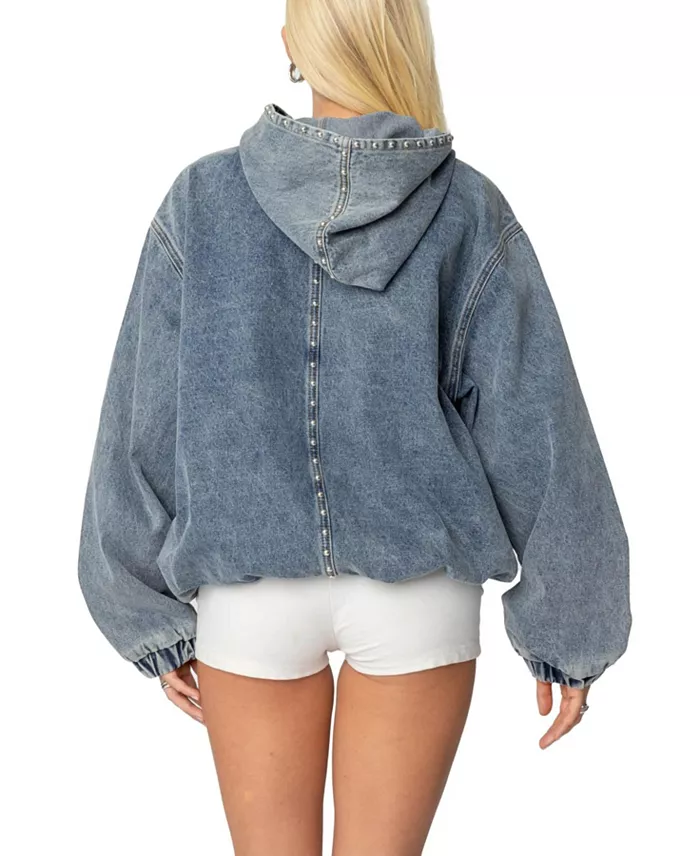 Edikted Womens Marney Oversized Studded Denim Hoodie Women's Fashion Shoes & Accessories