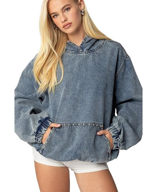 Edikted Womens Marney Oversized Studded Denim Hoodie Women's Fashion Shoes & Accessories
