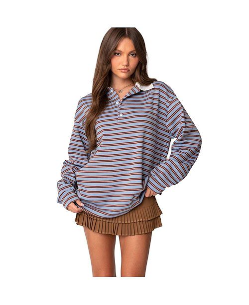 Edikted Womens Stripey Oversized Collared Shirt Women's Fashion Shoes & Accessories