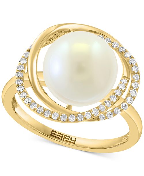 EFFY Collection EFFY® Cultured Freshwater Pearl (10mm) & Diamond (1/6 ct. t.w.) Knot Swirl Ring in 14k Gold Jewelry & Watches