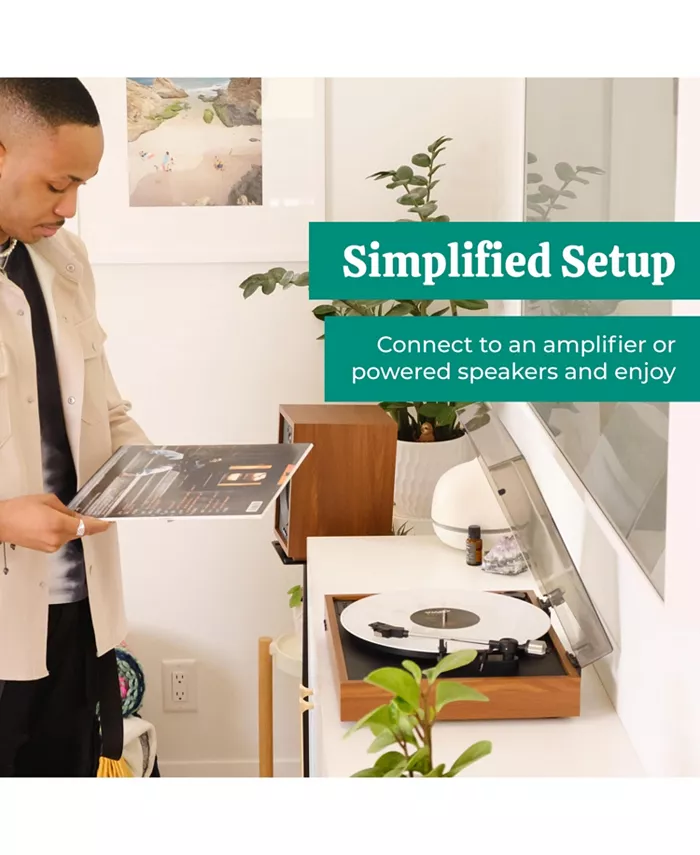 Electrohome Montrose Vinyl Record Player 2-Speed Belt-Drive Turntable With Audio-Technica Stylus Speed Control Motor Built-in Preamp Wood Plinth Anti-resonant Platter Auto-Stop (RR35B) Electronics