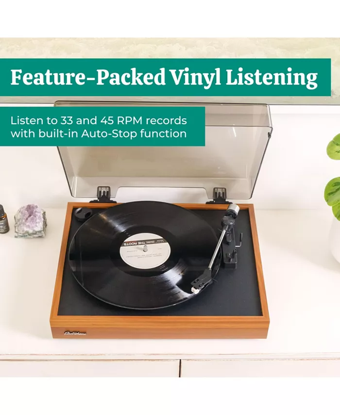 Electrohome Montrose Vinyl Record Player 2-Speed Belt-Drive Turntable With Audio-Technica Stylus Speed Control Motor Built-in Preamp Wood Plinth Anti-resonant Platter Auto-Stop (RR35B) Electronics