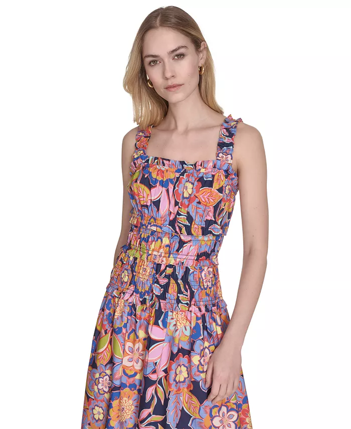 Eliza J Women's Cotton Smocked-Waist Floral-Print Dress Women's Fashion Shoes & Accessories