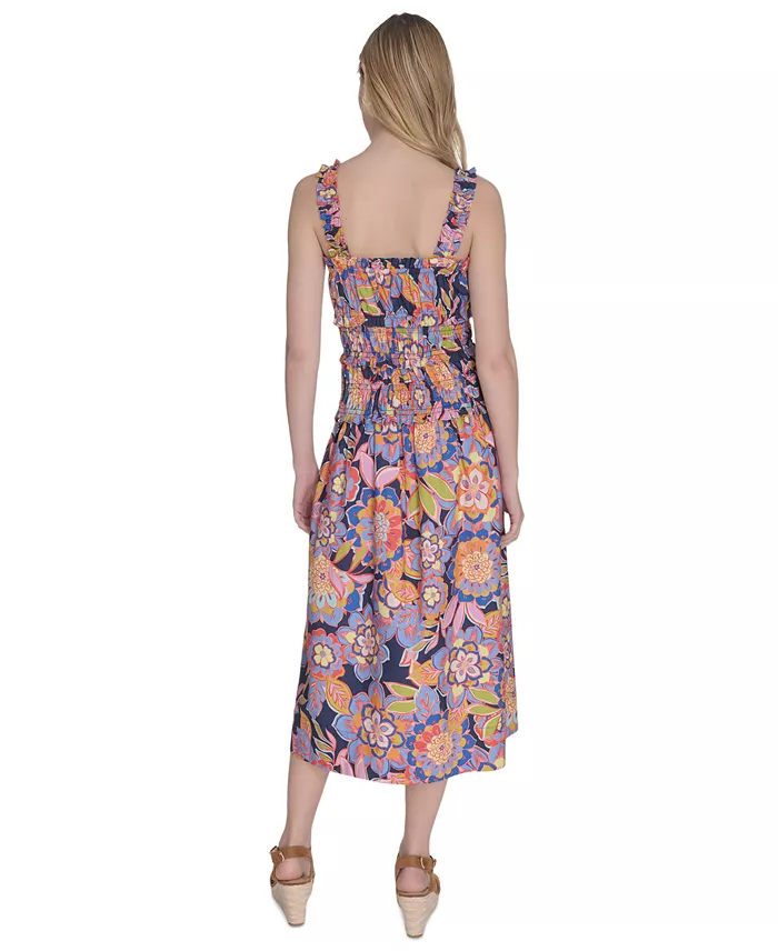 Eliza J Women's Cotton Smocked-Waist Floral-Print Dress Women's Fashion Shoes & Accessories